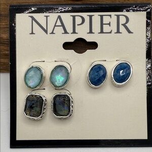 NWT Napier Silver-Tone Blue & Dark Abalone Stone Trio Earring Set